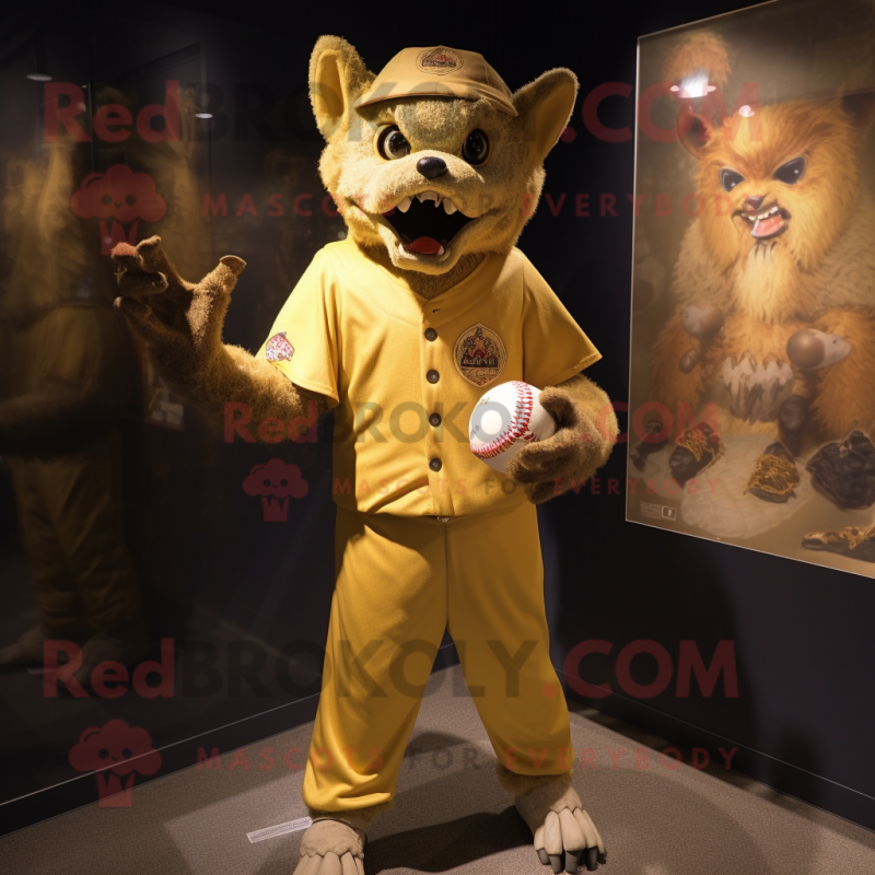 Gold Gargoyle mascot costume character dressed with a Baseball Tee and Brooches Gold Gargoyle mascot costume character dressed with a Baseball Tee and Brooches