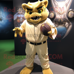 Gold Gargoyle mascot costume character dressed with a Baseball Tee and Brooches