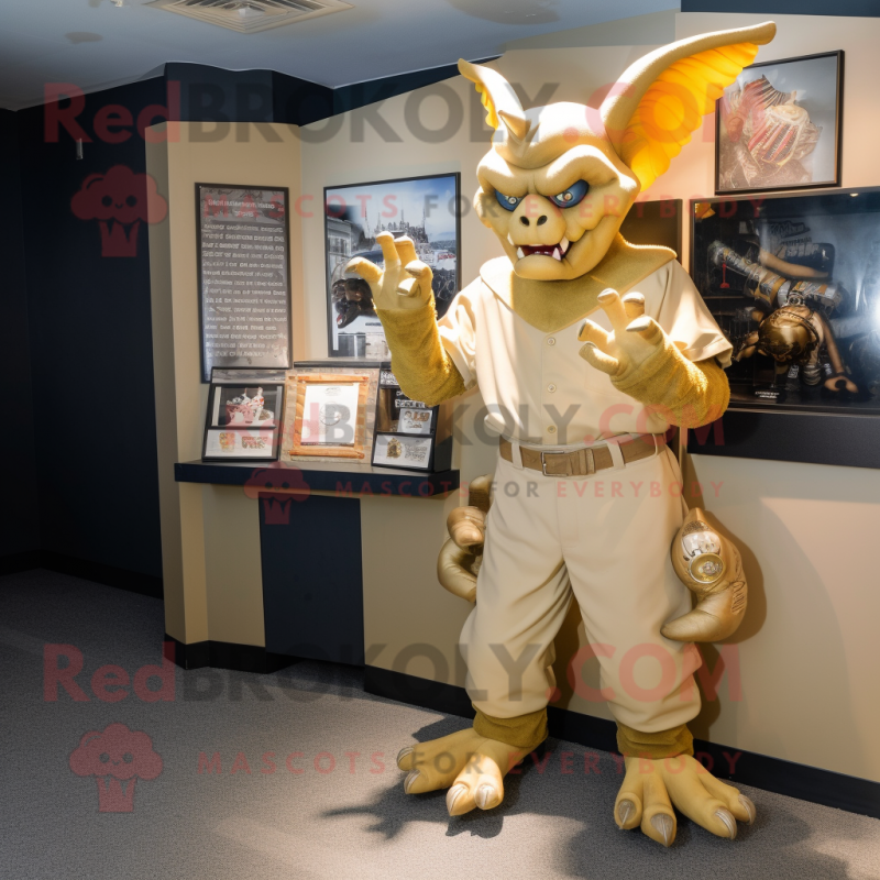 Gold Gargoyle mascot costume character dressed with a Baseball Tee and Brooches Gold Gargoyle mascot costume character dressed with a Baseball Tee and Brooches