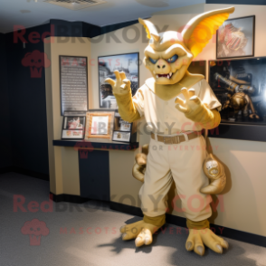 Gold Gargoyle mascot costume character dressed with a Baseball Tee and Brooches