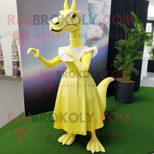Lemon Yellow Parasaurolophus mascot costume character dressed with a Maxi Skirt and Lapel pins