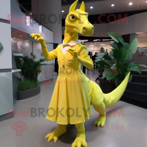 Lemon Yellow Parasaurolophus mascot costume character dressed with a Maxi Skirt and Lapel pins