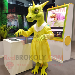 Lemon Yellow Parasaurolophus mascot costume character dressed with a Maxi Skirt and Lapel pins