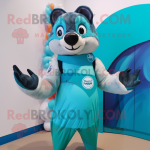 Turquoise Badger mascot costume character dressed with a One-Piece Swimsuit and Gloves