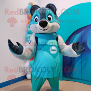 Turquoise Badger mascot costume character dressed with a One-Piece Swimsuit and Gloves