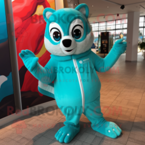 Turquoise Badger mascot costume character dressed with a One-Piece Swimsuit and Gloves