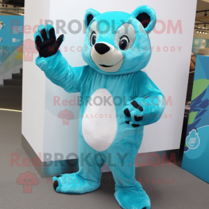 Turquoise Badger mascot costume character dressed with a One-Piece Swimsuit and Gloves