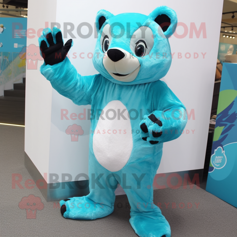 Turquoise Badger mascot costume character dressed with a One-Piece Swimsuit and Gloves Turquoise Badger mascot costume character dressed with a One-Piece Swimsuit and Gloves