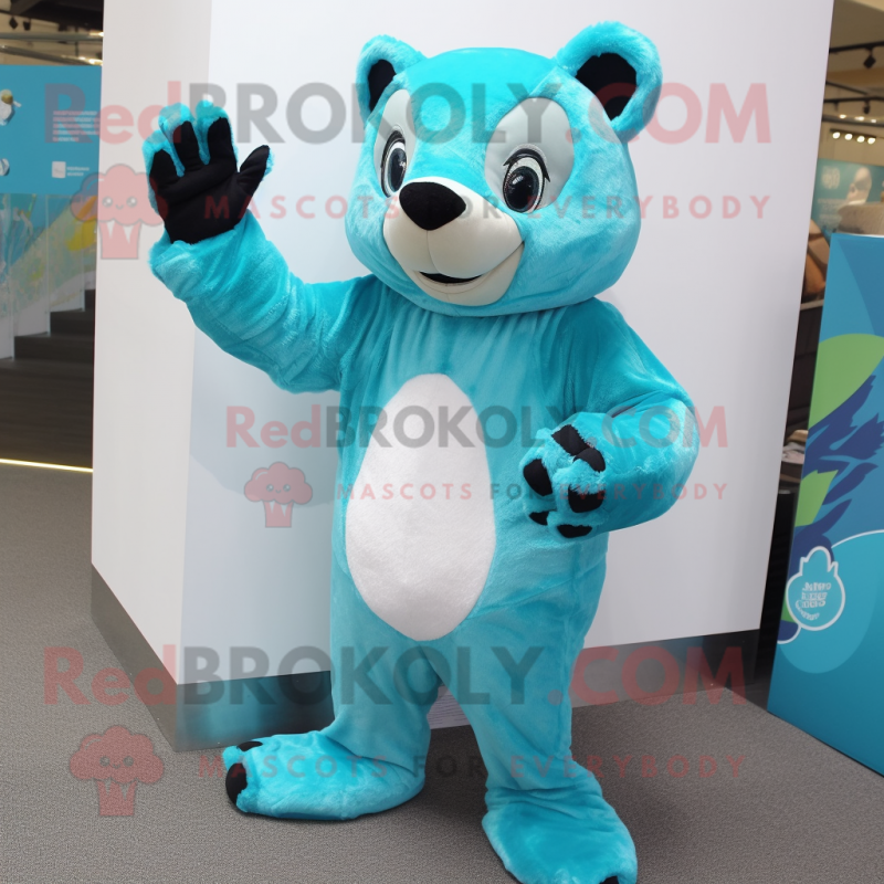 Turquoise Badger mascot costume character dressed with a One-Piece Swimsuit and Gloves