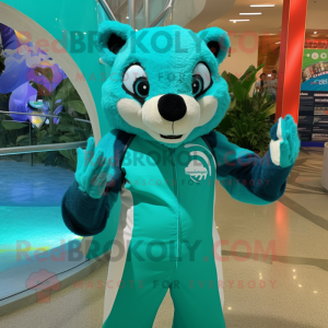 Turquoise Badger mascot costume character dressed with a One-Piece Swimsuit and Gloves