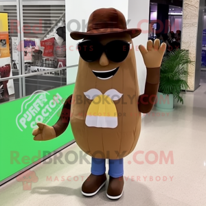 Brown Squash mascot costume character dressed with a Skinny Jeans and Sunglasses