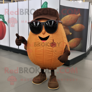 Brown Squash mascot costume character dressed with a Skinny Jeans and Sunglasses