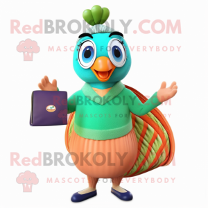 Peach Peacock mascot costume character dressed with a Sweater and Wallets