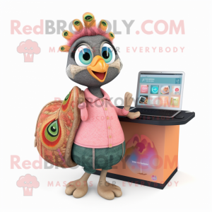 Peach Peacock mascot costume character dressed with a Sweater and Wallets