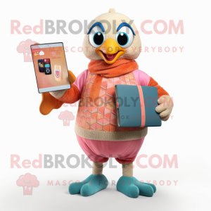 Peach Peacock mascot costume character dressed with a Sweater and Wallets