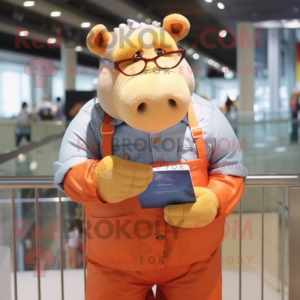 Orange Hippopotamus mascot costume character dressed with a Denim Shorts and Reading glasses