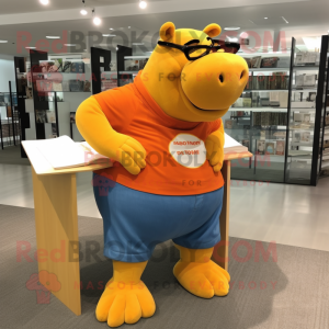 Orange Hippopotamus mascot costume character dressed with a Denim Shorts and Reading glasses