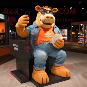 Orange Hippopotamus mascot costume character dressed with a Denim Shorts and Reading glasses