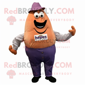 Peach Eggplant mascot costume character dressed with a Chambray Shirt and Suspenders