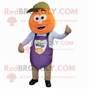Peach Eggplant mascot costume character dressed with a Chambray Shirt and Suspenders