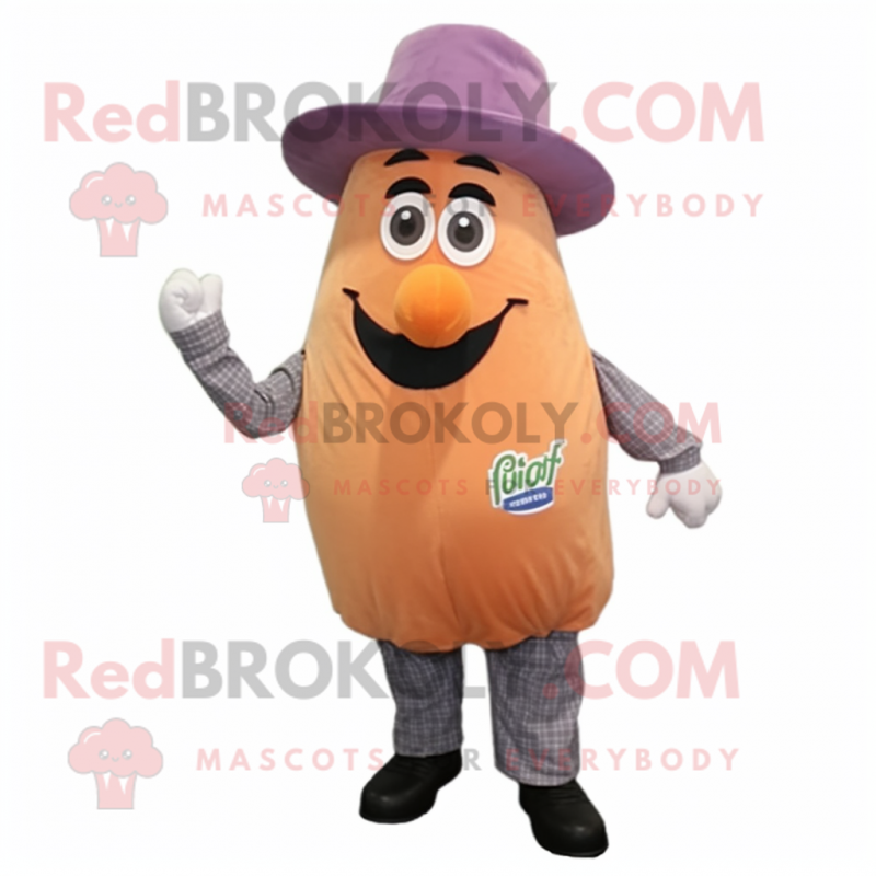 Peach Eggplant mascot costume character dressed with a Chambray Shirt and Suspenders