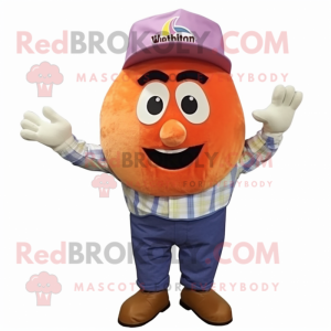 Peach Eggplant mascot costume character dressed with a Chambray Shirt and Suspenders