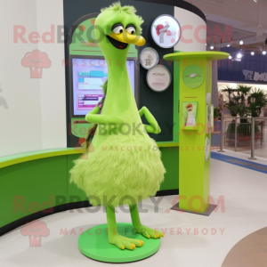 Lime Green Ostrich mascot costume character dressed with a Maxi Skirt and Brooches