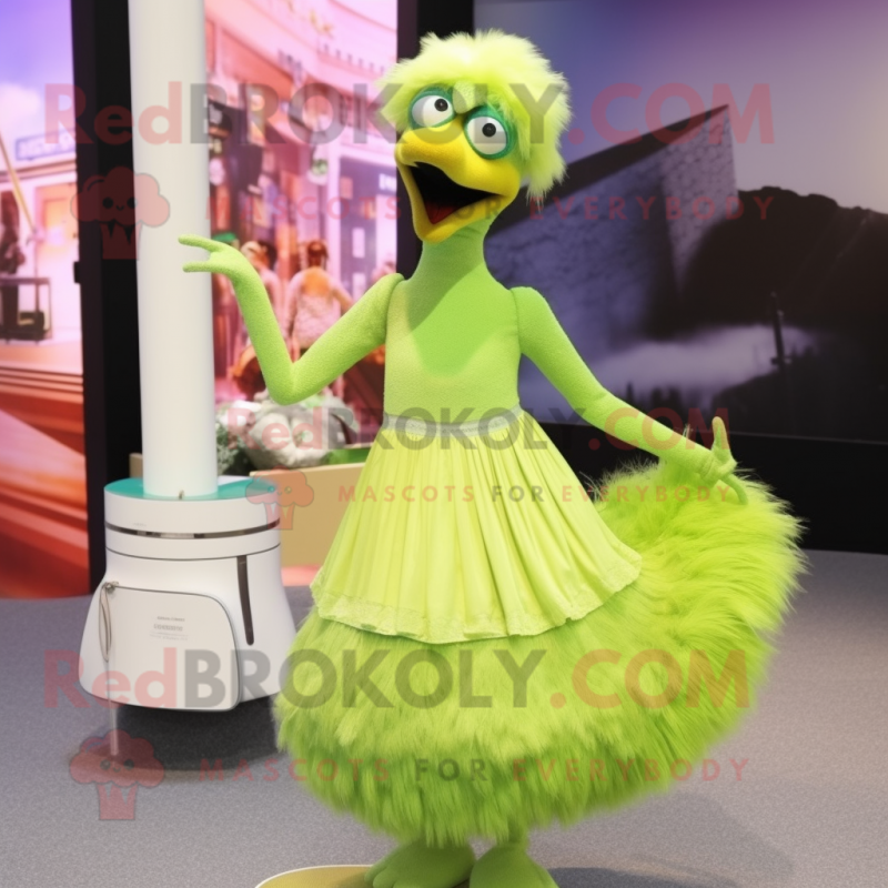 Lime Green Ostrich mascot costume character dressed with a Maxi Skirt and Brooches