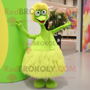 Lime Green Ostrich mascot costume character dressed with a Maxi Skirt and Brooches