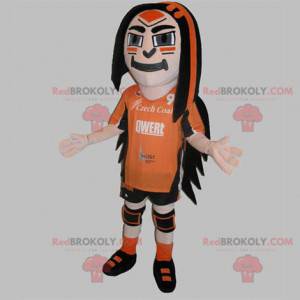 Mascotte d'homme sportif habillé en orange et noir -