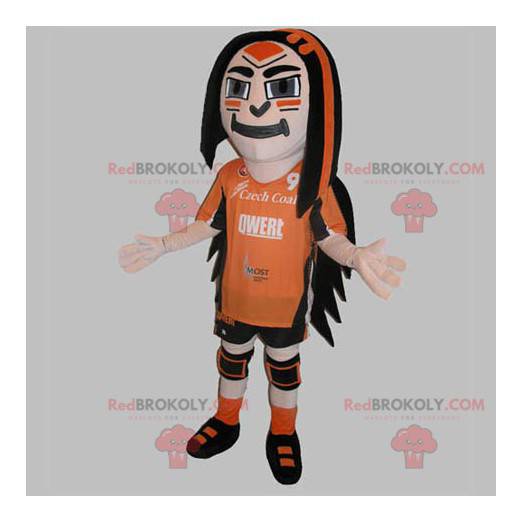 Homem mascote desportivo vestido de laranja e preto -