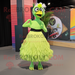 Lime Green Ostrich mascot costume character dressed with a Maxi Skirt and Brooches