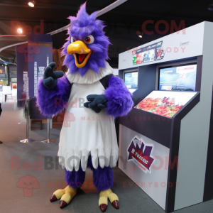 Purple Roosters mascot costume character dressed with a Cover-up and Gloves