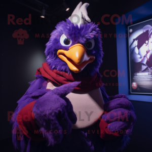 Purple Roosters mascot costume character dressed with a Cover-up and Gloves