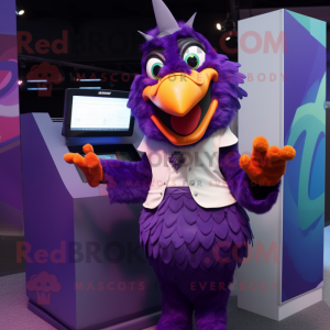 Purple Roosters mascot costume character dressed with a Cover-up and Gloves