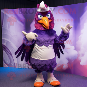 Purple Roosters mascot costume character dressed with a Cover-up and Gloves