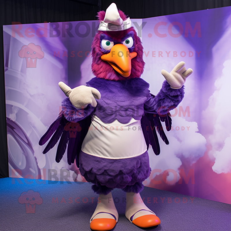 Purple Roosters mascot costume character dressed with a Cover-up and Gloves Purple Roosters mascot costume character dressed with a Cover-up and Gloves