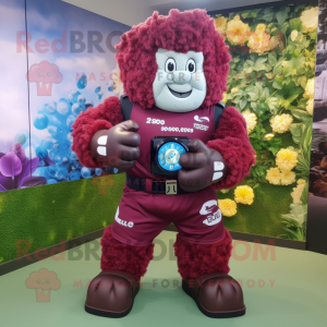 Maroon Cauliflower mascot costume character dressed with a Rugby Shirt and Digital watches