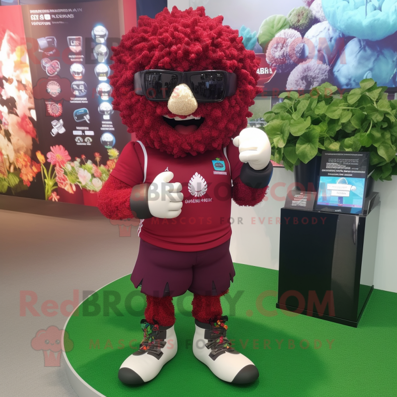 Maroon Cauliflower mascot costume character dressed with a Rugby Shirt and Digital watches Maroon Cauliflower mascot costume character dressed with a Rugby Shirt and Digital watches