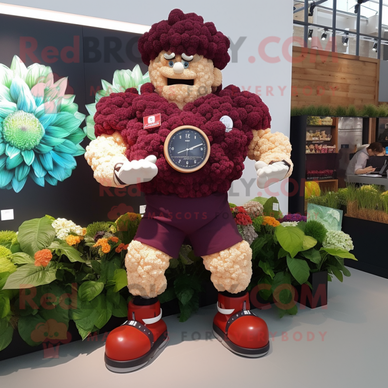 Maroon Cauliflower mascot costume character dressed with a Rugby Shirt and Digital watches Maroon Cauliflower mascot costume character dressed with a Rugby Shirt and Digital watches