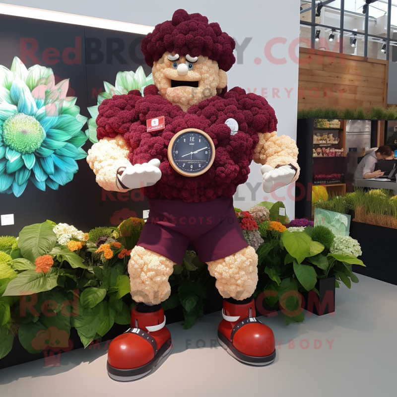 Maroon Cauliflower mascot costume character dressed with a Rugby Shirt and Digital watches