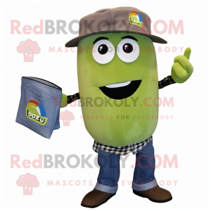 Olive Kiwi mascot costume character dressed with a Jeans and Pocket squares