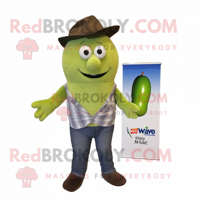 Olive Kiwi mascot costume character dressed with a Jeans and Pocket squares