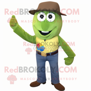 Olive Kiwi mascot costume character dressed with a Jeans and Pocket squares