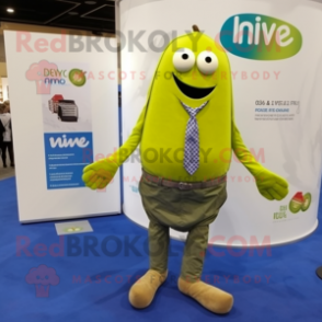 Olive Kiwi mascot costume character dressed with a Jeans and Pocket squares