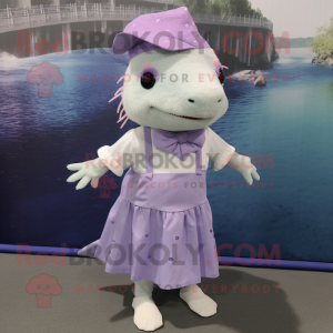 Lavender Axolotls mascot costume character dressed with a Blouse and Shoe laces
