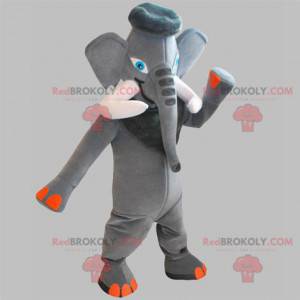 Mascotte elefante grigio e arancione con grandi zanne -