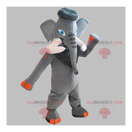Mascote elefante cinza e laranja com grandes presas -