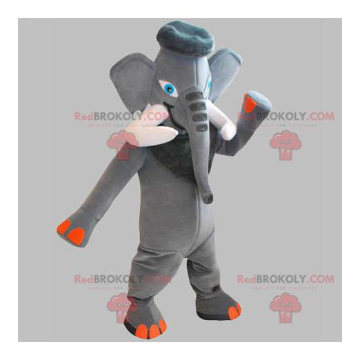 Mascotte elefante grigio e arancione con grandi zanne -