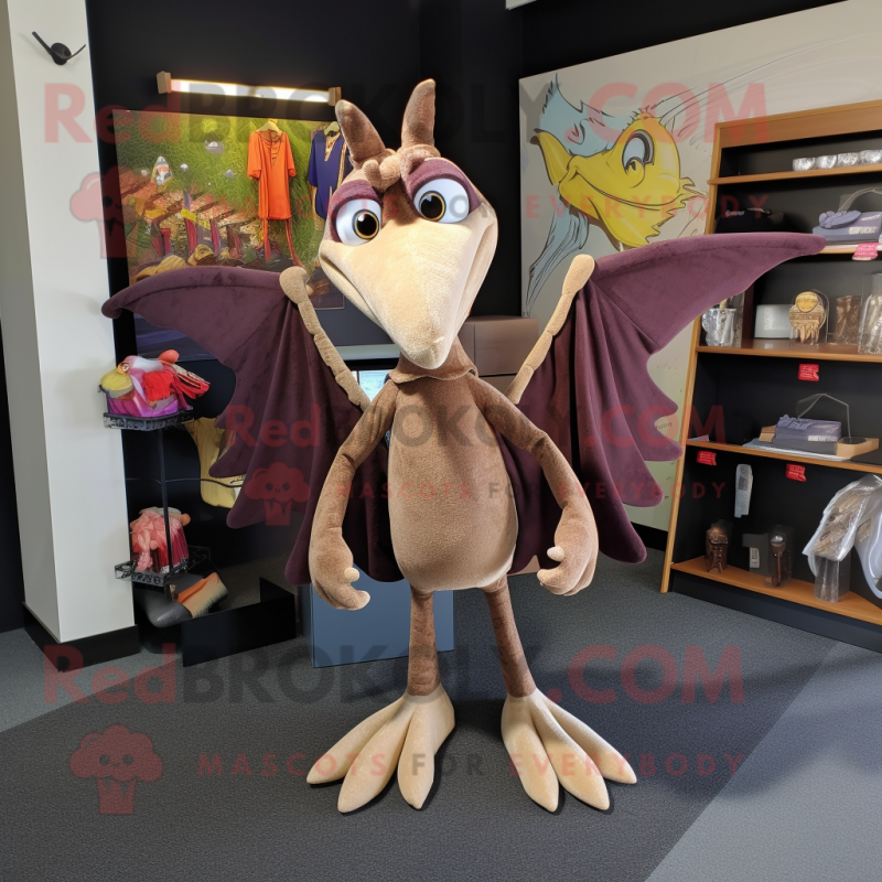 Brown Pterodactyl mascot costume character dressed with a Henley Shirt and Shoe laces